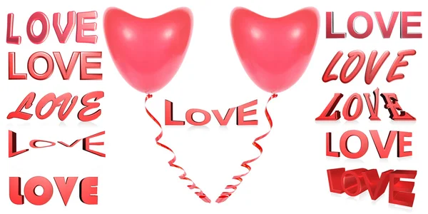 Many red 3D inscriptions love. Red balloon a heart — Stock Photo, Image