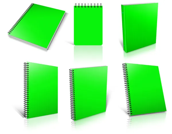 Six green spiral blank notepad on white. — Stock Photo, Image