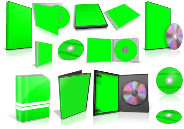 Green multimedia disks and boxes on white — Stock Photo, Image