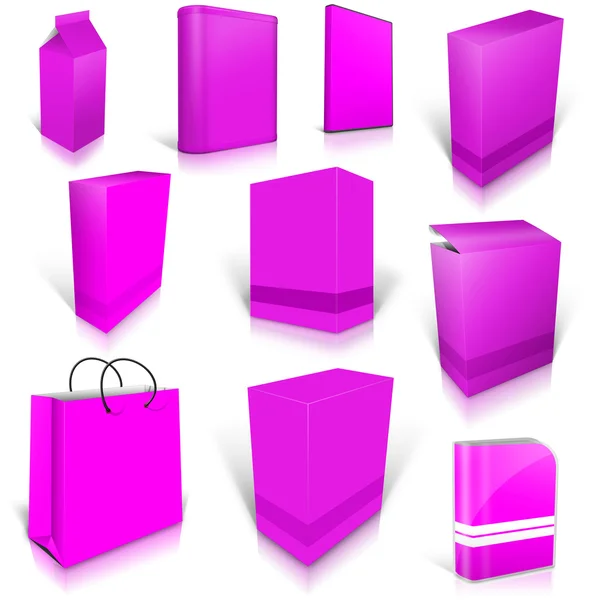 Deset purpurové prázdné krabice izolovaných na bílém — Stock fotografie
