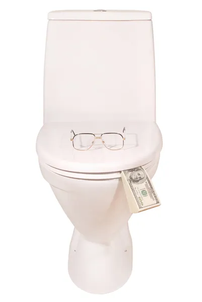 White toilet bowl glasses and money (Clipping path) — Stock Photo, Image