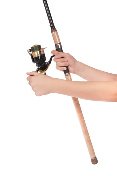 Fishing rod, reel in hands — Stock Photo, Image