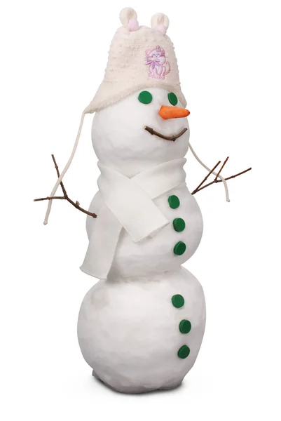 Boneco de neve branco com cachecol e chapéu de feltro. (Caminho de recorte ) — Fotografia de Stock