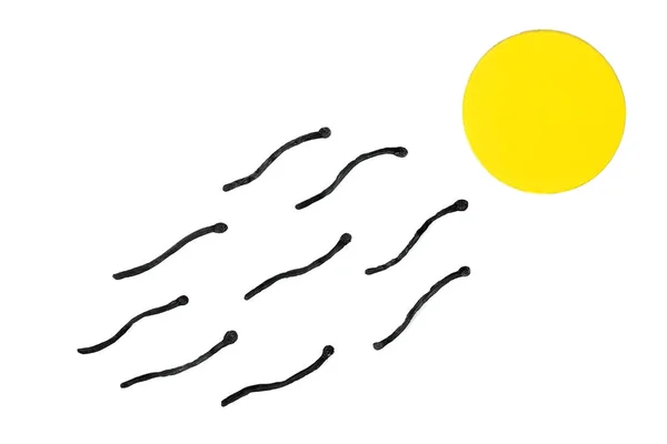 黄色の円の人間の卵子の概念に向かって移動する精子の概念に一致します 受精の比喩的な概念 白地に — ストック写真