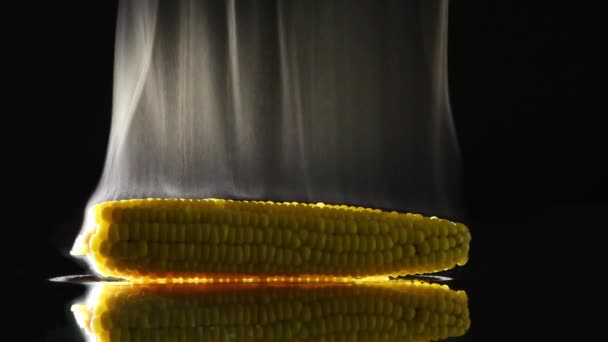 Gorąca Kukurydza Parą Czarnym Lustrze Widok Boku Zbliżenie Nasiona Słodkiej — Wideo stockowe