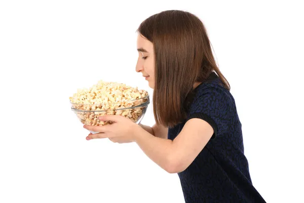 Retrato Una Hermosa Chica Sosteniendo Tazón Palomitas Maíz Pie Sobre — Foto de Stock