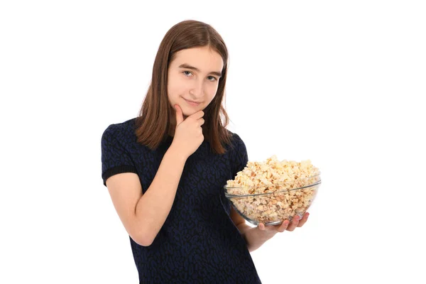 Retrato Una Hermosa Chica Sosteniendo Tazón Palomitas Maíz Pie Sobre — Foto de Stock