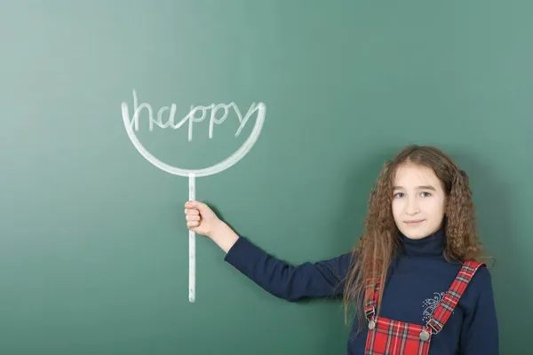 Kamaszkor Előtti Lány Kezében Festett Tabletta Boldog Felirattal Iskolai Háttérrel — Stock Fotó