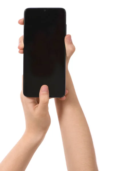Férfi Kéz Tartja Vízszintesen Fekete Okostelefon Üres Képernyőn Fehér Háttérrel — Stock Fotó