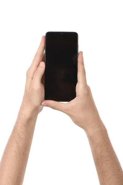 Man Hand Houden Van Zwarte Smartphone Met Leeg Scherm Geïsoleerd — Stockfoto