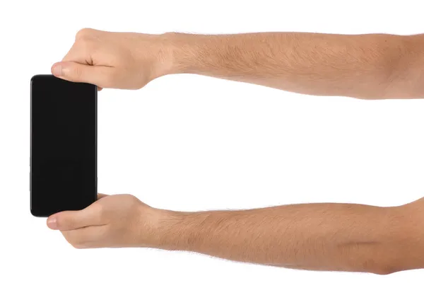 Man Hand Hålla Den Svarta Smartphone Med Tom Skärm Isolerad — Stockfoto