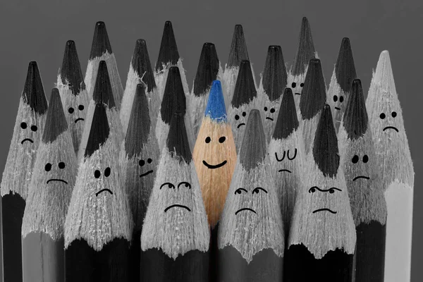 Bright Colored Smiling Pencil Big Set Black White Sad Pencils — Stock Photo, Image