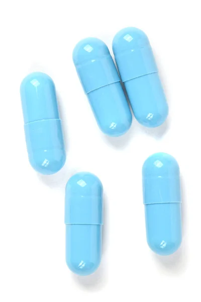 Синие Медицинские Капсулы Таблетки Белом Фоне Фото Высокого Разрешения Полная — стоковое фото