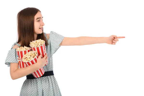 Chica Señala Dedo Sosteniendo Con Cubos Palomitas Maíz Pie Sobre — Foto de Stock