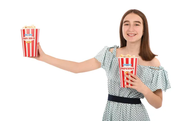 Portret Pięknej Dziewczyny Trzymającej Wiadro Popcornu Białym Zdjęcie Wysokiej Rozdzielczości — Zdjęcie stockowe