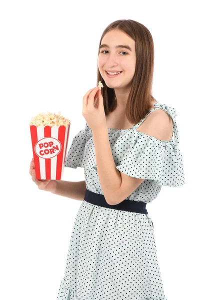 Tonårstjej Äter Popcorn Stående Vitt Högupplöst Foto — Stockfoto