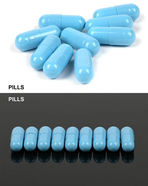Creatieve Lay Out Gemaakt Van Blauwe Medische Pil Capsules Geïsoleerd — Stockfoto