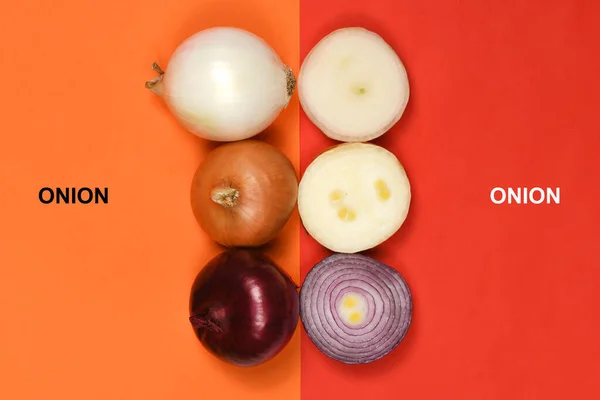Creative Layout Made Three Onion Bulbs Different Colors Red Yellow — Stock Photo, Image