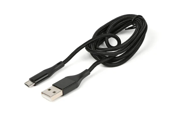 Cable Usb Negro Para Cargar Smartphone Aislado Blanco Foto Alta — Foto de Stock