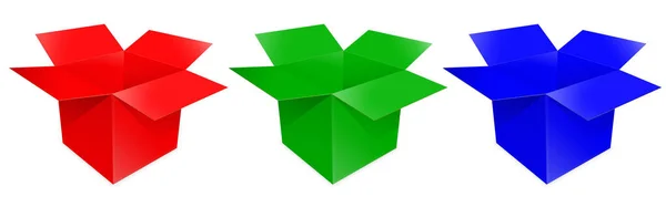 Tři Rgb Doručení Box Prázdný Šablona Červená Zelená Modrá Pro — Stock fotografie