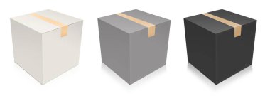 Sunum düzeni ve tasarım için üç adet boş şablon beyaz, gri ve siyah. 3 boyutlu görüntüleme. Dijital olarak oluşturulmuş resim. Beyaz arkaplanda izole.