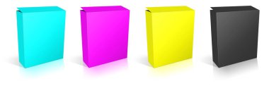 Sunum düzeni ve tasarımı için dört CMYK Yazılım Kutusu boş şablon kırmızı, yeşil ve mavi. 3 boyutlu görüntüleme. Dijital olarak oluşturulmuş resim. Beyaz arkaplanda izole.