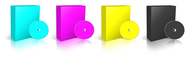 4つのCmykソフトウェアボックスは プレゼンテーションレイアウトやデザインのための空白のテンプレート赤 緑と青 3Dレンダリング デジタル生成画像 白地に隔離された — ストック写真