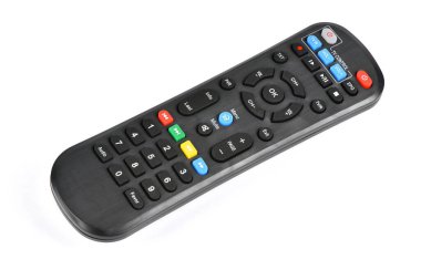 TV uzaktan kumandalı tuş takımı beyaz arkaplanda izole edildi. Yüksek çözünürlüklü. Tam alan derinliği.