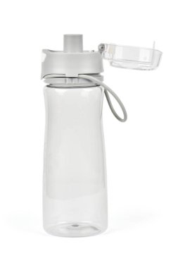 Beyaz arka planda spor ve fitness için buzlu yeşil içecek şişesi. Yüksek çözünürlüklü. Tam alan derinliği.