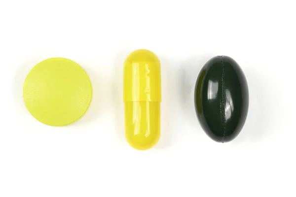 Gyógyszerészeti Tabletták Gyógyszerek Emberek Egészségére Betegségek Gyógyítására Sárga Tabletta Fehér — Stock Fotó