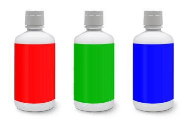 Sunum düzeni ve tasarım için üç RGB boş şablonu kırmızı, yeşil ve mavi. 3 boyutlu görüntüleme. Dijital olarak oluşturulmuş resim. Beyaz arkaplanda izole.