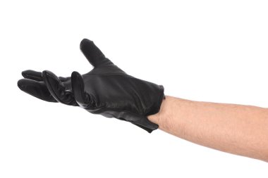 Beyaz arka planda siyah deri eldiven giyen adam, yakın plan. Yan görüş. Yüksek çözünürlüklü. Tam alan derinliği.