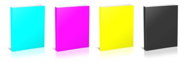 Sunum düzeni ve tasarım için dört CMYK karton kaplı boş şablon kırmızı, yeşil ve mavi. 3 boyutlu görüntüleme. Dijital olarak oluşturulmuş resim. Beyaz arkaplanda izole.