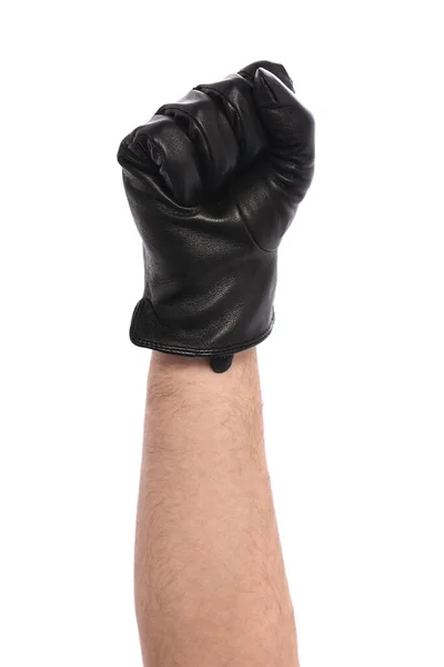 Man Wearing Black Leather Glove White Background Closeup Side View — Fotografia de Stock