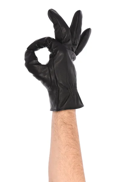 Man Met Zwarte Leren Handschoen Witte Achtergrond Close Teken Goed — Stockfoto