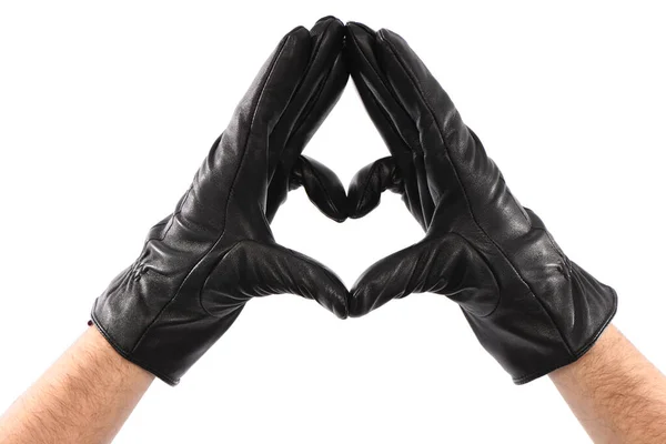 Man Wearing Black Leather Glove White Background Closeup Heart Sign — Zdjęcie stockowe