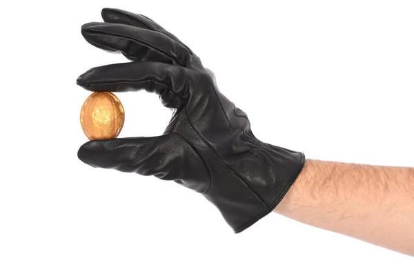 Man Wearing Black Leather Glove White Background Closeup Hand Golden — Foto de Stock