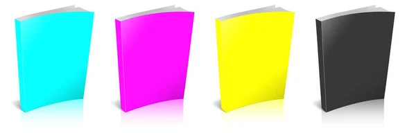 Four Cmyk Paperback Books Blank Template Red Green Blue Presentation — Stock Photo, Image