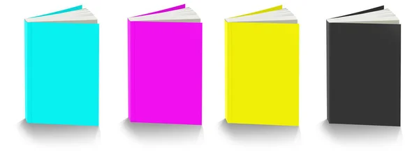 Four Cmyk Paperback Books Blank Template Red Green Blue Presentation — стоковое фото