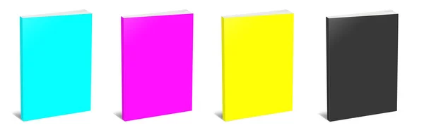 Four Cmyk Paperback Books Blank Template Red Green Blue Presentation — Zdjęcie stockowe