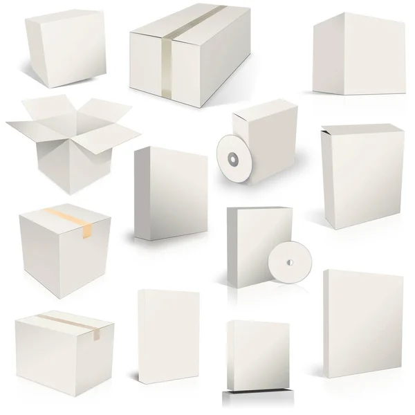 Thirteen White Shipping Box Software Boxes Layouts Presentation Design Rendering — Stock Photo, Image