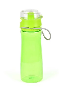 Beyaz arka planda spor ve fitness için buzlu yeşil içecek şişesi. Yüksek çözünürlüklü. Tam alan derinliği.