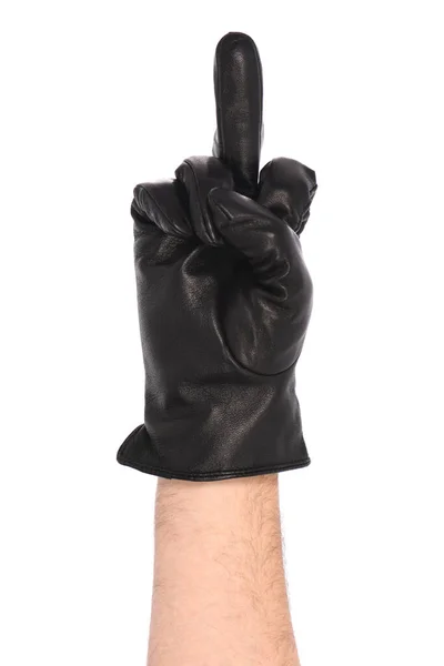 Man Wearing Black Leather Glove White Background Closeup Middle Finger — Stockfoto