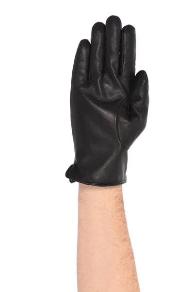 Man Met Zwarte Leren Handschoen Witte Achtergrond Close Zijaanzicht Hoge — Stockfoto