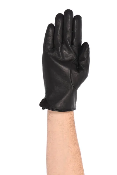 Man Wearing Black Leather Glove White Background Closeup Side View — Stockfoto