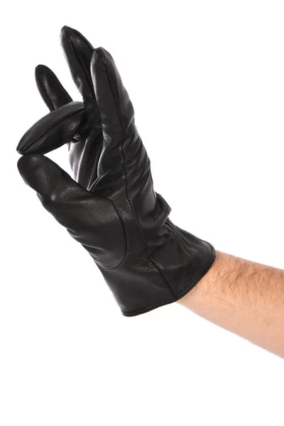 Man Wearing Black Leather Glove White Background Closeup Side View — Stockfoto