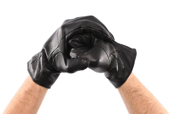 Man Wearing Black Leather Glove White Background Closeup Side View — Fotografia de Stock