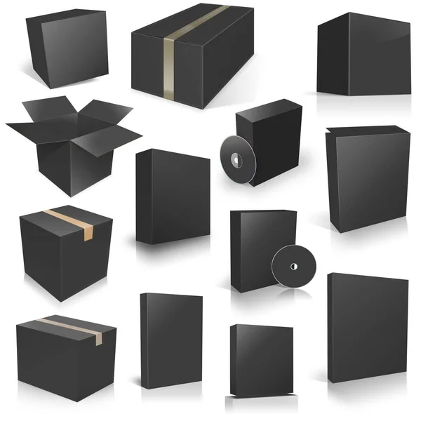 Thirteen black Shipping Box and Software Boxes for layouts and presentation design. 3D rendering. Digitally Generated Image. Isolated on white background.