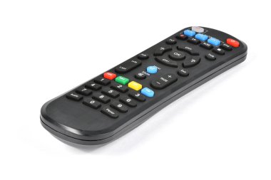 TV uzaktan kumandalı tuş takımı beyaz arkaplanda izole edildi. Yüksek çözünürlüklü. Tam alan derinliği.