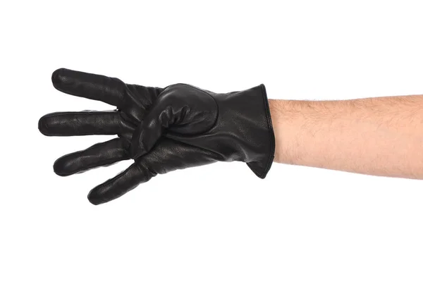 Man Wearing Black Leather Glove White Background Closeup Four Fingers — Stock Photo, Image